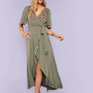 Long Olive🥀floral embroidered summer dress